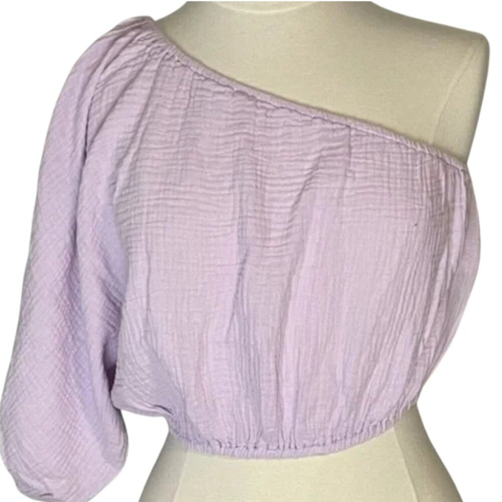 DKNY Lilac Cropped One Shoulder Blouse NWT Peasant Top Purple Women's Medium